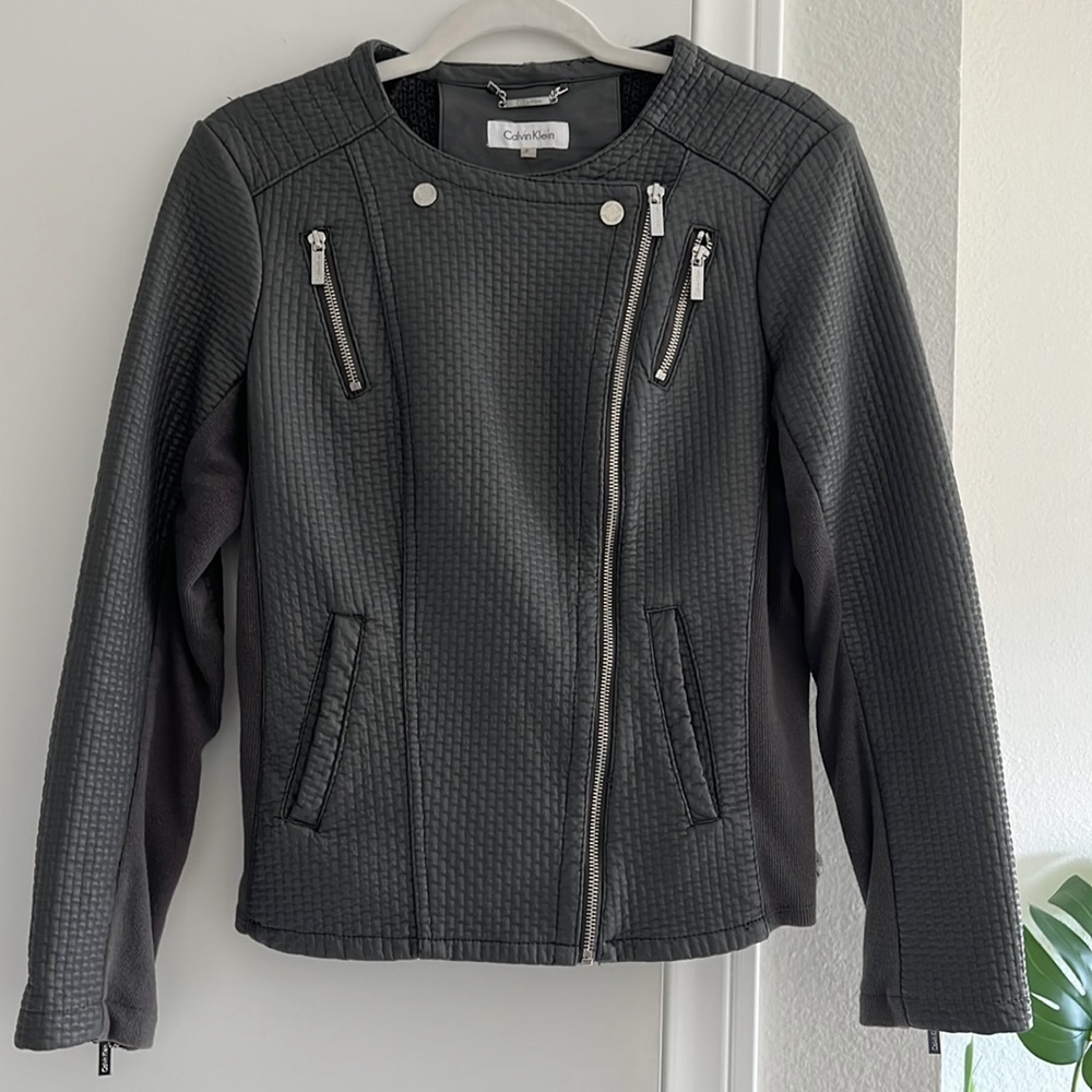 Women’s Grey Leather Jacket Moto Chic Minimal Textured Leather Sliver Zippers